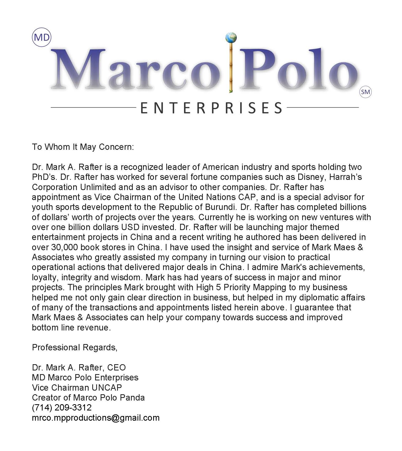 Dr. Rafter, MD Marco Polo Enterprises Testimony